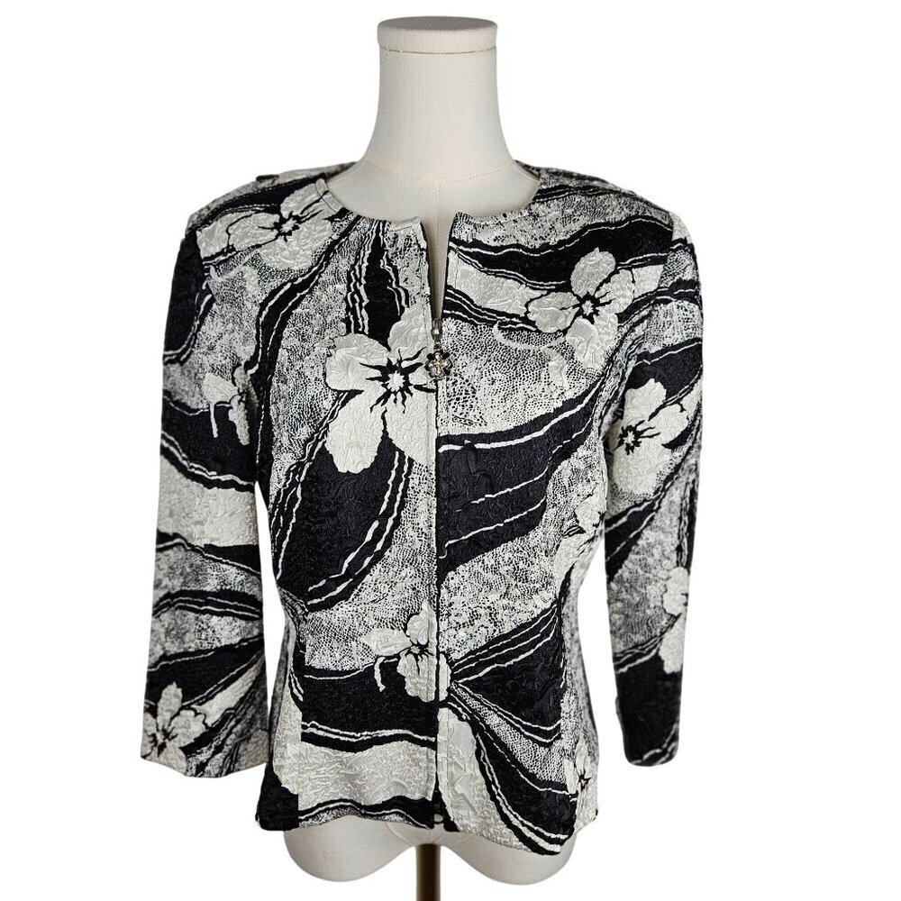 Joseph Ribkoff Floral Black White Jacket Crinkle Size 8 Jewel Zip Pull
